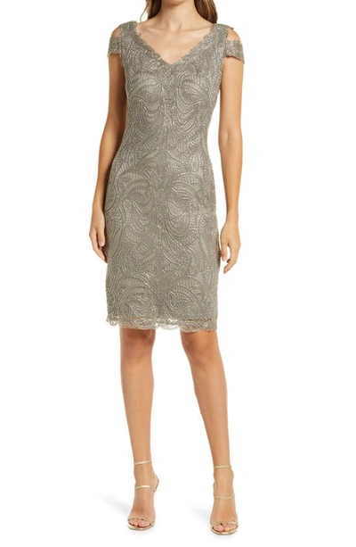 Shop Tadashi Shoji Cold Shoulder Lace Cocktail Dress In Smoke Pearl