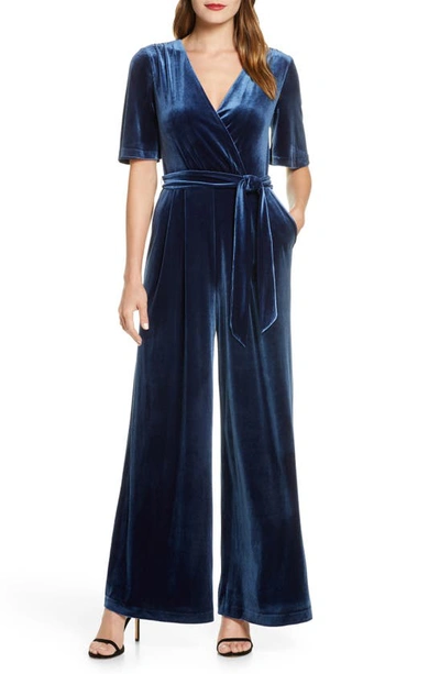 Shop Eliza J Wide Leg Faux Wrap Velvet Jumpsuit In Blue