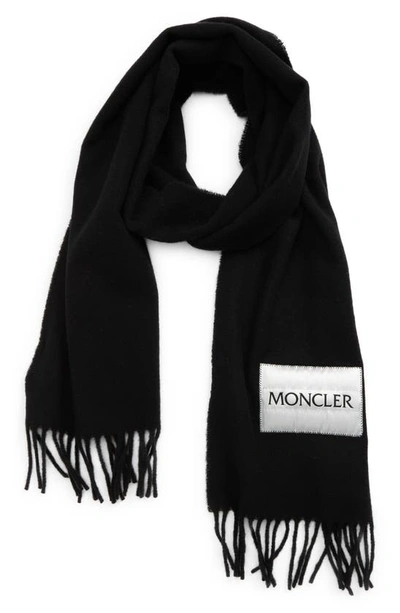 Shop Moncler Wool Woven Logo Scarf In Black