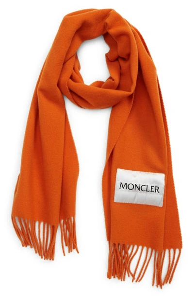 Shop Moncler Wool Woven Logo Scarf In Orange