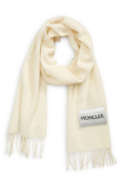 Shop Moncler Wool Woven Logo Scarf In White