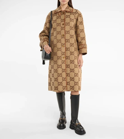 Shop Gucci Gg Supreme Leather-trimmed Canvas Coat In Camel/mix