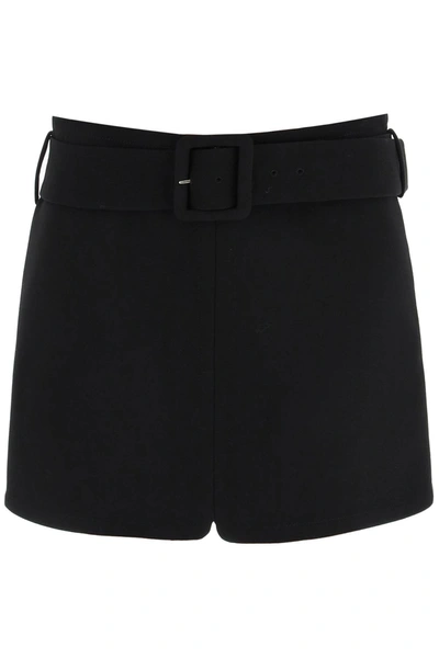 Shop Versace Belted Mini Skirt In Natte Wool In Nero (black)