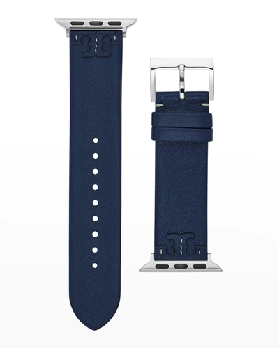 Shop Tory Burch Mcgraw Leather Apple Watch Band In Navy, 38-40mm