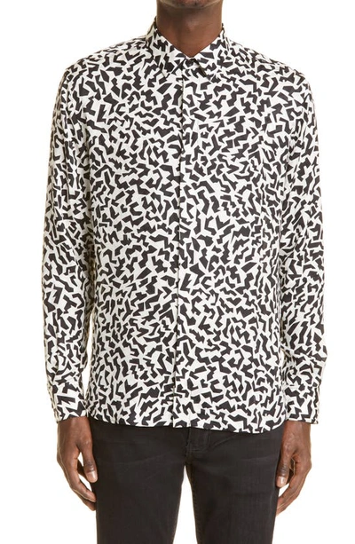 Shop Saint Laurent Leopard Print Long Sleeve Button-up Silk Shirt In White Black