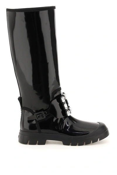Shop Roger Vivier Walky Viv Leather Boots With Strass Buckle In Black