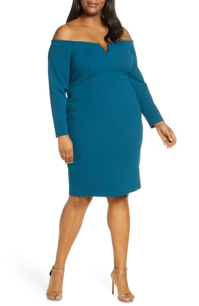 Shop Vince Camuto Long Sleeve Off The Shoulder Sheath Dress In Teal