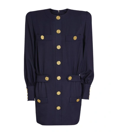 Shop Balmain Wool Button-detail Mini Dress In Navy