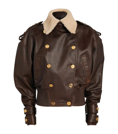 Shop Balmain Leather Bomber Jacket In Brown