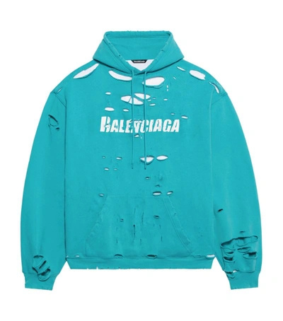 Shop Balenciaga Distressed Hoodie In Blue
