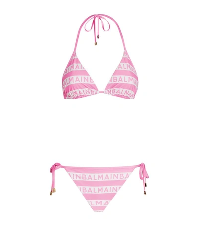 Shop Balmain Iconic Stripes Triangle Bikini In Pink