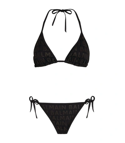 Shop Balmain Logo Embossed Triangle Bikini In Black