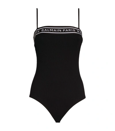 Shop Balmain Logo Bandeau Swimsuit In Black