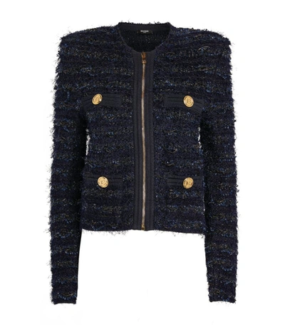 Shop Balmain Tweed Jacket In Navy