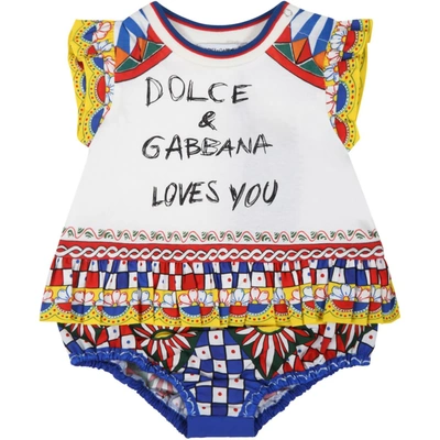 Shop Dolce & Gabbana White Romper For Baby Girl With Logo In Multicolor