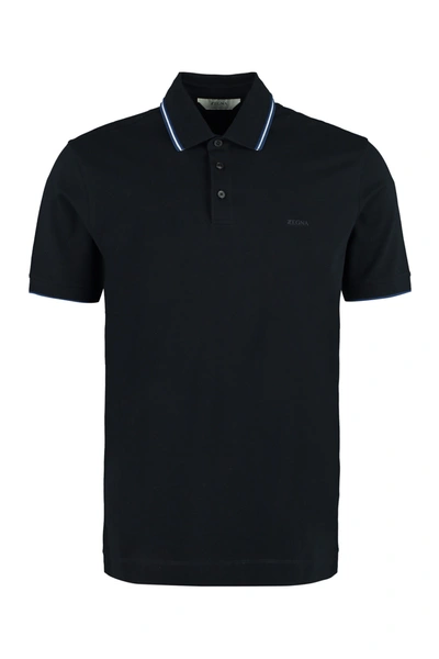 Shop Z Zegna Stretch Cotton Piqué Polo Shirt In Blue