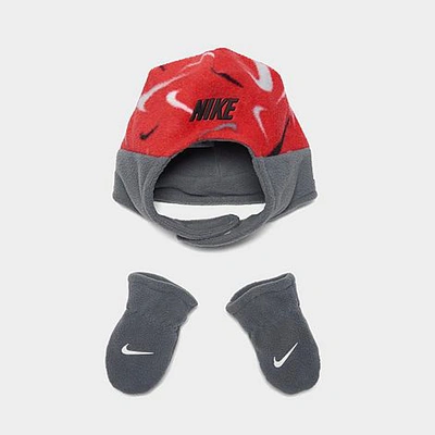 Shop Nike Boys' Infant Fleece Trapper Hat And Mittens Set In University Red/grey