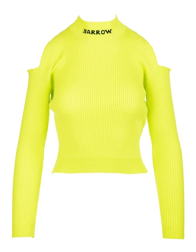 Shop Barrow Woman Fluo Yellow Ribbed Sweater With Logo And Off Shoulders In Giallo Fluo