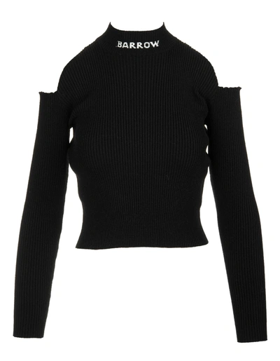 Shop Barrow Woman Black Ribbed Sweater With Logo And Off Shoulders In Nero