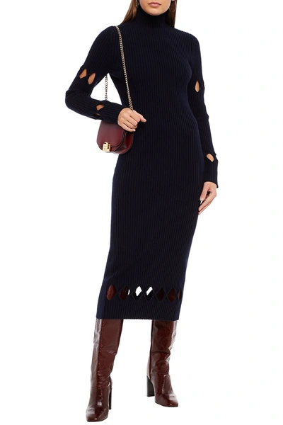 Shop Victoria Beckham Cutout Ribbed Wool-blend Turtleneck Midi Dress In Navy