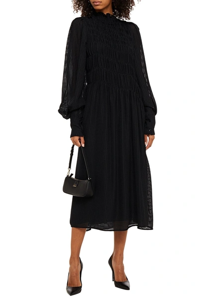 Shop Victoria Beckham Shirred Checked Jacquard Midi Dress In Black