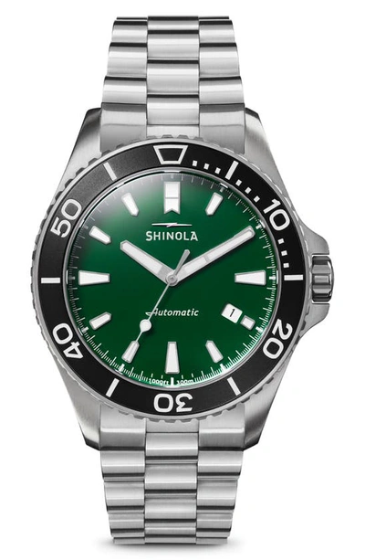 Shop Shinola The Monster Automatic Bracelet Watch, 43mm In Silver/green/black
