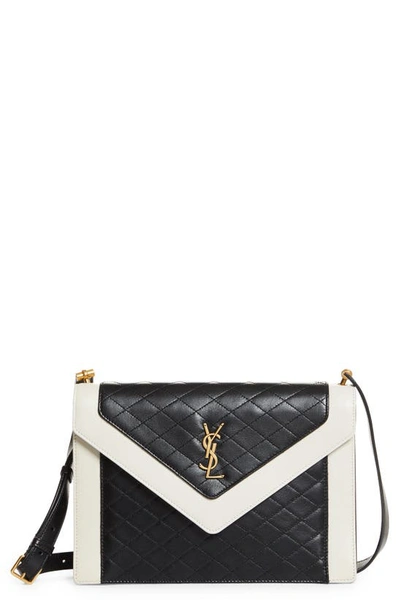 Shop Saint Laurent Gaby Quilted Leather Shoulder Bag In Nero/ Crema Soft