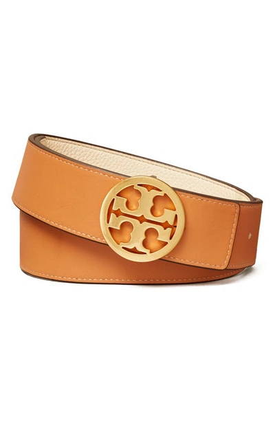 Shop Tory Burch Reversible Leather Belt In Ivory/ Natural Vachetta/ Gold