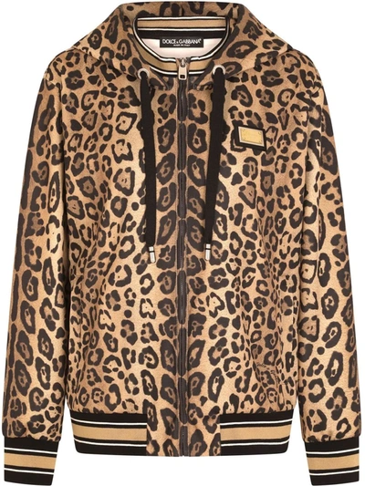 Dolce & Gabbana Zip-up Jersey Hoodie With Leopard Print In Braun