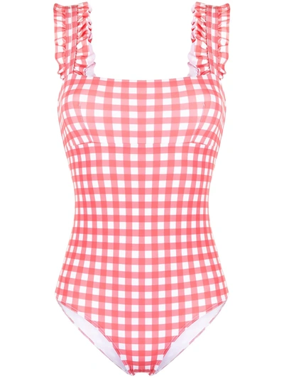 Shop Ephemera Checked Ruffle-trimmed Swimsuit In Pink