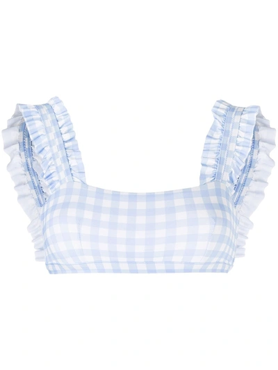 Ephemera Light Blue Gingham Ruffle-trimmed Bikini Top In Blue