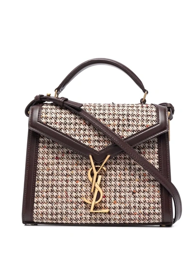 Shop Saint Laurent Mini Cassandra Tweed Tote Bag In Brown