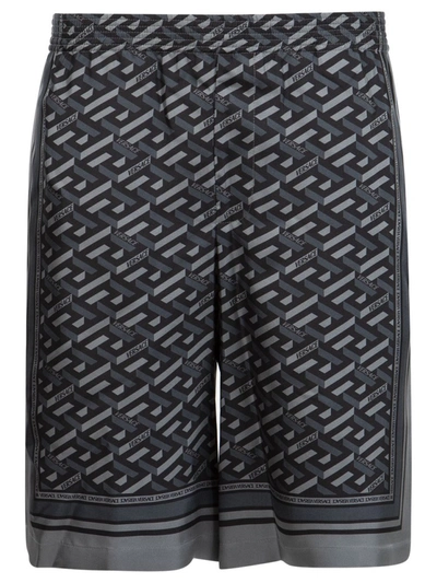 Shop Versace Silk Monogram Foulard Print Shorts In Black