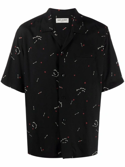 Shop Saint Laurent Black Motif-print Short-sleeve Shirt