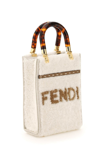 Shop Fendi Mini Sunshine Shopper Shearling Bag In White,beige