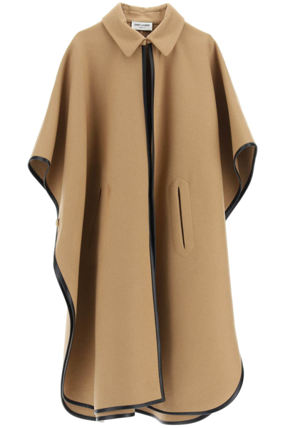 Shop Saint Laurent Cashmere Cape With Leather Edges In Brown,black