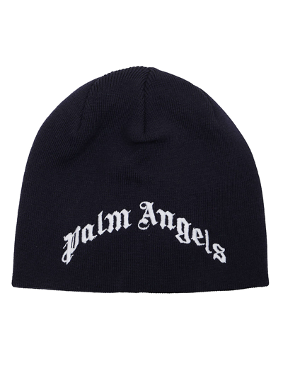 Shop Palm Angels Kids Logo Embroidered Beanie In Navy