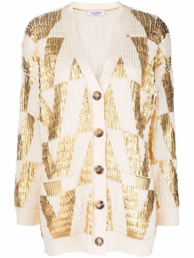 Shop Valentino Beige And Gold Printed Wool Cardigan