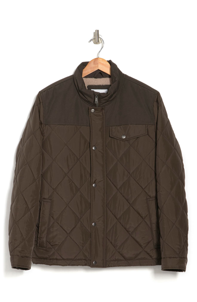 Cole Haan Mixed Media Faux Shearling Lined Diamond Quilted Jacket In Olive