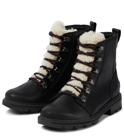 Shop Sorel Lennox Leather And Shearling Combat Boots In Black, Nocturnal Red