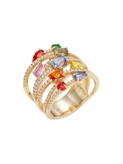 Shop Saks Fifth Avenue Women's 14k Gold, Diamond & Rainbow Sapphire Stacked Ring In Yellow Gold