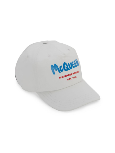 Shop Alexander Mcqueen Men's Branded Graffiti Baseball Cap In Ivory Blue