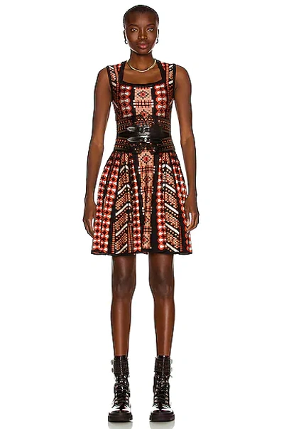 Alaïa Alaia Ladies Rosewood/black Mosaic Jacquard Knit Flared Dress In Bois De Rose & Noir