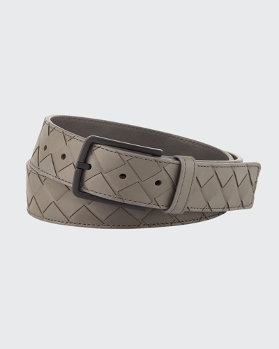 Shop Bottega Veneta Men's Cintura Intrecciato Leather Belt In Gray