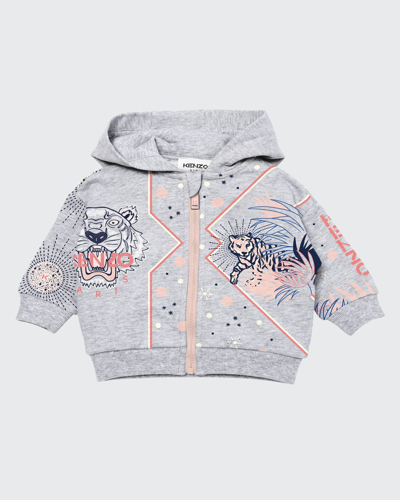 Shop Kenzo Girls' Multi Iconics Zip Up Hoodie, Sizes 2-3 In A41 Gris Chine