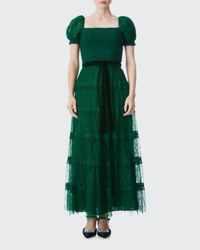 Shop Alice And Olivia Gia Smocked Puff-sleeve Maxi Dress W/ Belt In Deep Emerald