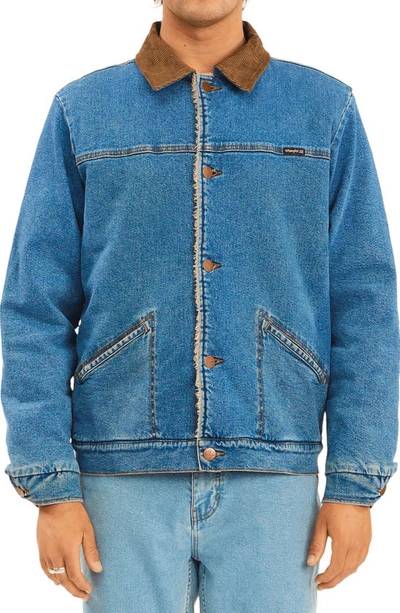 Shop Billabong X Wrangler Range Fleece Lined Denim Jacket In Ocean