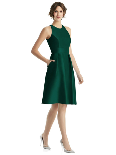 Shop Alfred Sung High-neck Satin Cocktail Dress With Pockets In Green
