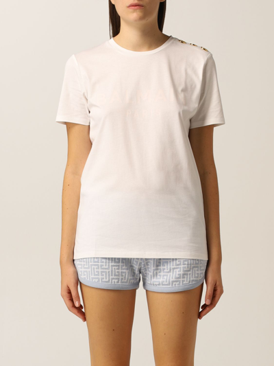 Shop Balmain Cotton Tshirt With Logo In White 1