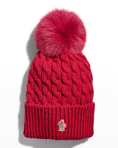 Shop Moncler Wool Cable-knit Fur Pom Beanie In Dark Pink